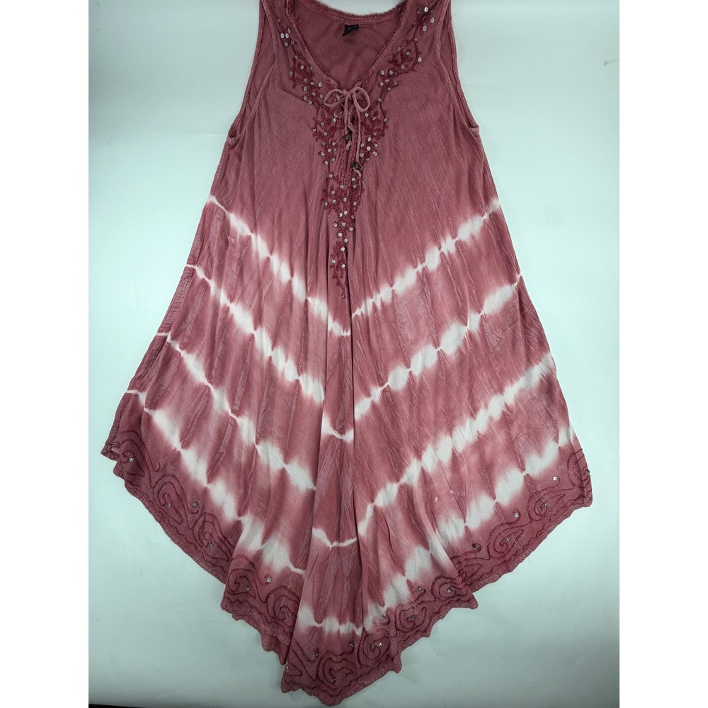 Riviera Sun Pink Tie Dye Handkerchief Hem Tunic Top Sequin Embroidered XL 21805